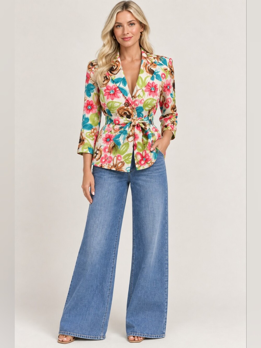 Emma James Bright Floral Bead Sequin Linen 3/4 Sleeve Blazer